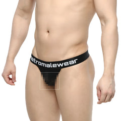 Black mesh thong with wide elastic waistband featuring metromalewear logo in white from MetroMaleWear time thong tull 2902-30