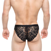 MetroMalewear todd brief black lace underwear with intricate floral patterns and solid black waistband front view