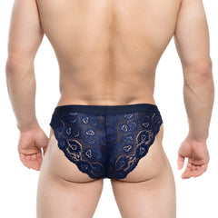 Navy blue lace briefs with intricate floral patterns and a solid waistband from MetroMaleWear Todd Brief dark blue 1403-28
