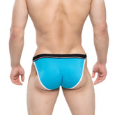 Bright turquoise MetroMaleWear Tomcat bikini briefs with a black waistband and white trim for athletic wear