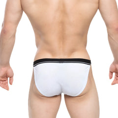 MetroMaleWear Tomcat bikini briefs in white mesh with black elastic waistband and white trim for comfortable wear