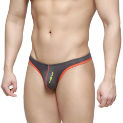 Dark gray mew brand thong bikini with vibrant orange trim and neon yellow branding from metromalewear top bikini 6114-14
