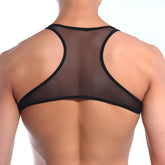 Black mesh backless top metro male wear with sleek form-fitting design in black mesh material