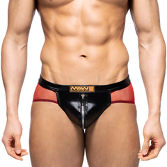 Black and red mesh metro male wear toxine brief 5903-20 with shiny front zipper and miw logo waistband