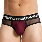 MetroMaleWear Travis brief burgundy mesh underwear with maroon and black colors and branded waistband