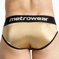 MetroMaleWear Travis brief gold metallic with black elastic waistband and white metrowear logo in front