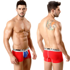 Red and blue MetroMaleWear tricolor short boxer briefs with black and white striped waistband for athletic use