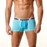 Light blue metro malewear tricolor short boxer briefs with white waistband and black logo pattern 7 inch inseam