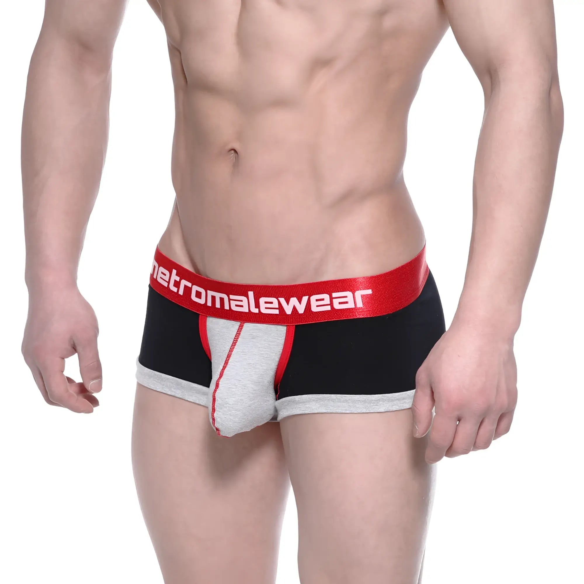 Black gray and red men’s briefs with bold red metromalewear logo waistband metro malewear trio boxer black 3013-41