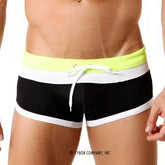 MetroMaleWear Trio swim trunk black with black and white stripes and neon yellow waistband and drawstring