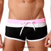 Metro malewear trio swim trunk pink 4913-02 black and white striped swim trunks with bright pink waistband and white drawstring