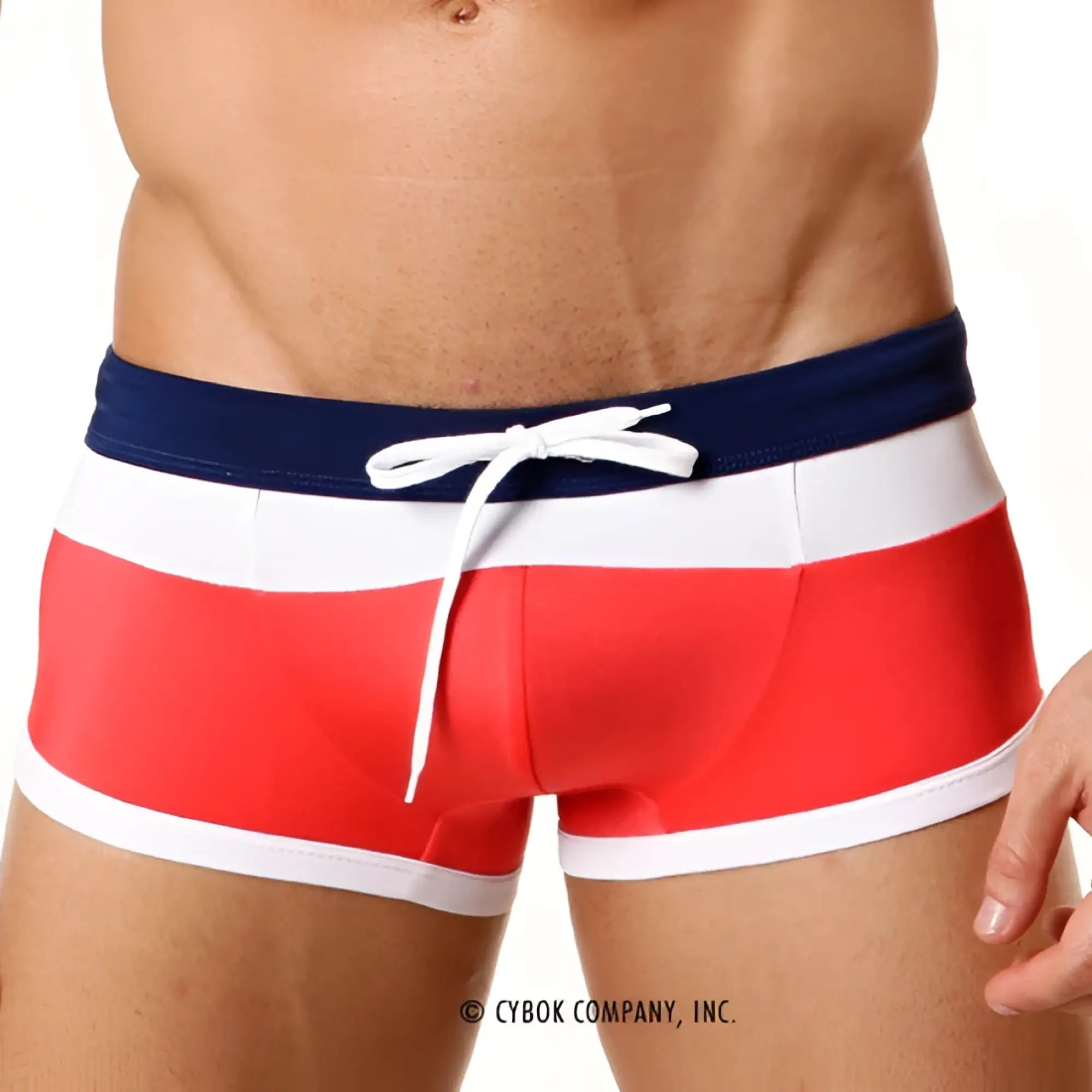 MetroMaleWear trio swim trunk red 4913-12 red white and navy blue striped swim trunks with white drawstring