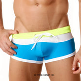 MetroMaleWear trio swim trunk turquoise 4913-08 bright blue and white striped with neon yellow waistband and drawstring