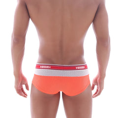 Orange mesh briefs with a red and white amiri waistband from MetroMaleWear triple boxer neon orange 2913-24 collection