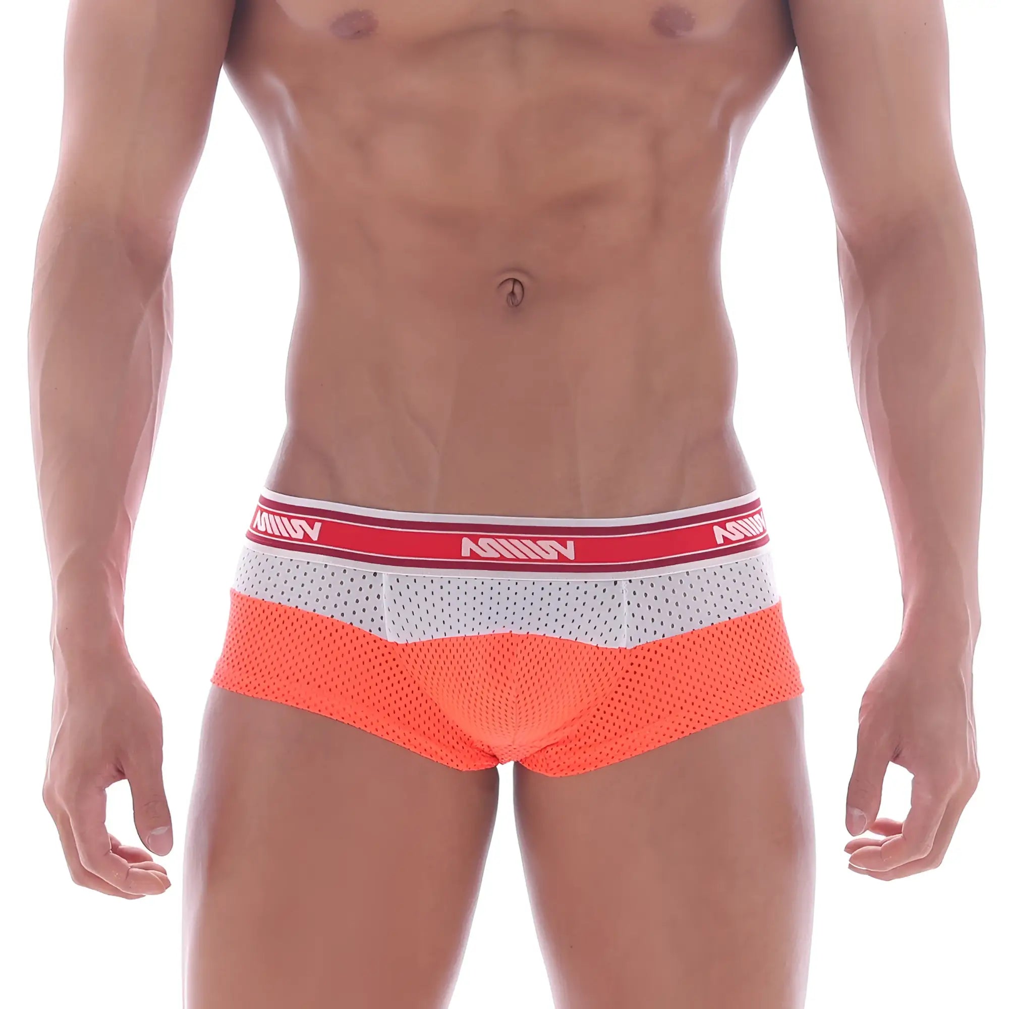 MetroMalewear triple boxer neon orange mesh briefs with white perforated panel and red vanity waistband