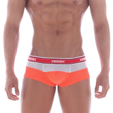 MetroMalewear triple boxer neon orange mesh briefs with white perforated panel and red vanity waistband