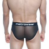 MetroMaleWear Tron Hip Brief black mesh briefs with solid waistband and metrewear logo in white lettering