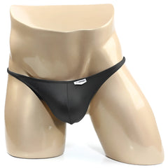 Black sleek minimalist thong bikini with subtle MetroMaleWear brand tag at the front for stylish everyday wear