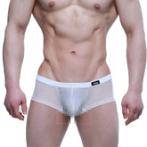 MetroMaleWear Tull Blanco Trunk 2125-68 white mesh briefs with solid white waistband and small black logo left side