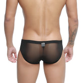 Metro male wear tull negro bikini 5103-m70 black sheer mesh briefs with solid black waistband front view