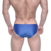 Metro male wear ultimo bikini royal blue swim trunks made of blue satin with a sleek fit for men