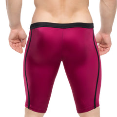MetroMaleWear university biker burgundy form-fitting athletic shorts in fuchsia with black side stripes and elastic waistband