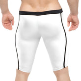 White athletic shorts with black side stripes and elastic waistband from metromalewear university biker 4020-00