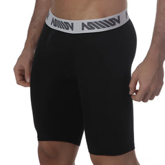 Black athletic shorts with gray waistband featuring mimov logo from MetroMaleWear Uphole Long Boxer 3031-20