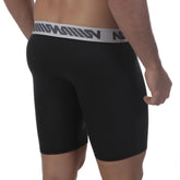 Black mens boxer briefs with gray elastic waistband and bold repeating logo pattern metroMalewear upphole long boxer