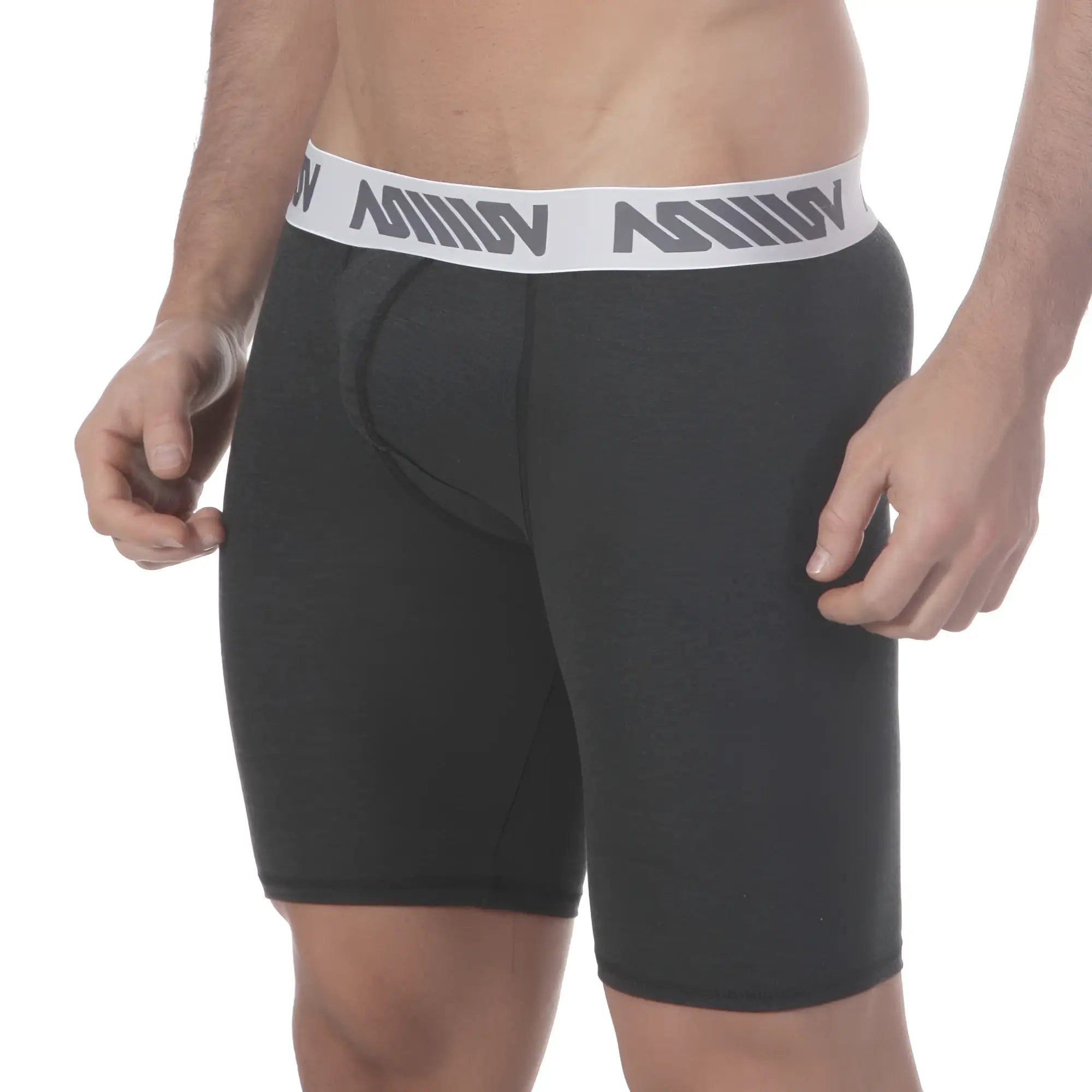 Black men’s boxer briefs with white elastic waistband and gray million branding by metromalewear uphole long boxer heather