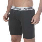 Black men’s boxer briefs with white elastic waistband and gray million branding by metromalewear uphole long boxer heather