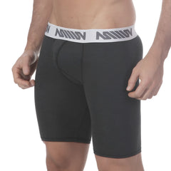 Black men’s boxer briefs with white elastic waistband and gray million branding by metromalewear uphole long boxer heather