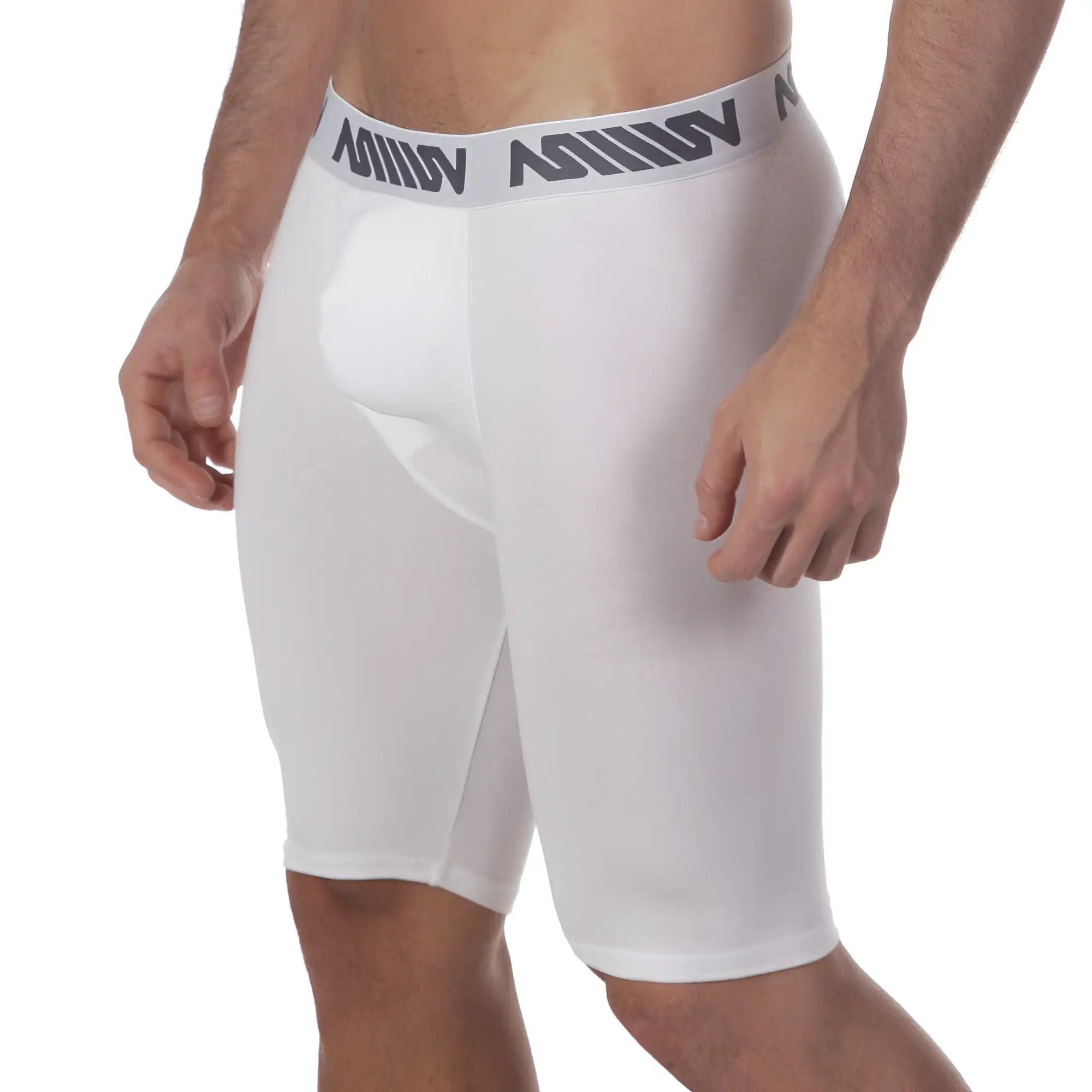 White athletic shorts metro male wear uphole long boxer with gray waistband and black million logo 3031-00