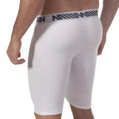 White men’s athletic briefs with gray elastic waistband and black lettering from metromalewear uphole long boxer 3031-00