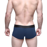 Navy blue MetroMaleWear Uphole short boxer briefs with black elastic waistband featuring brand logo