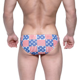 MetroMaleWear USA hip bikini swim trunks in red white and blue patchwork design for patriotic beachwear