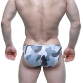 Gray and white camouflage patterned men’s briefs metro male wear vacas bikini gray 5506-90 front view
