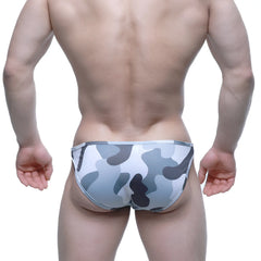 Gray and white camouflage patterned men’s briefs metro male wear vacas bikini gray 5506-90 front view