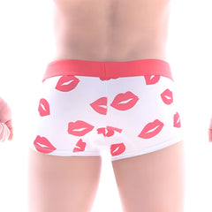 White briefs with pink lipstick print pattern and coral waistband metro male wear valentine short boxer white 7 inch