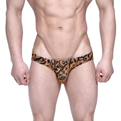 Tan and black leopard-print swim trunks with bold stylized pattern from MetroMaleWear Vasco Hip Brief Animal Gold 5103-75