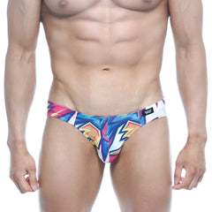 MetroMaleWear Vasco Hip Brief atractivo 5103-33 vibrant geometric patterned men’s briefs in bold blue pink and yellow on white base