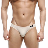 Beige men’s thong metro male wear vasco hip brief 5103-04 with black logo tag on waistband front view