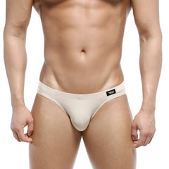 Beige men’s thong metro male wear vasco hip brief 5103-04 with black logo tag on waistband front view