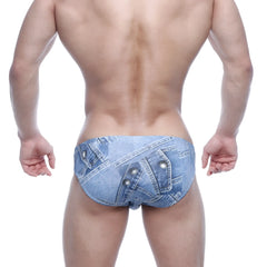 Blue denim-patterned briefs with stitched pockets and metallic button accents from MetroMaleWear Vasco Hip Brief Denim Blue 5103-68