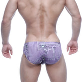 Purple denim-patterned men’s briefs with button and zipper detail metro male wear vasco hip brief denim purple 5103-69