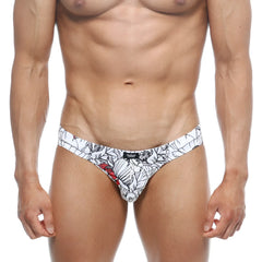 White briefs with black and red floral pattern and small logo on waistband metroMalewear vasco hip brief escobar 5103-09