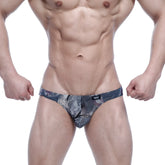 Men’s metro male wear vasco hip brief with gray and black camouflage pattern and small black logo on waistband