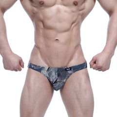 Men’s metro male wear vasco hip brief with gray and black camouflage pattern and small black logo on waistband
