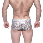 Shiny silver and blue leopard-print metroMalewear vasco hip brief men’s underwear in metallic fabric