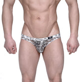 Silver and gray leopard-print metro male wear vasco hip briefs with a shiny metallic finish